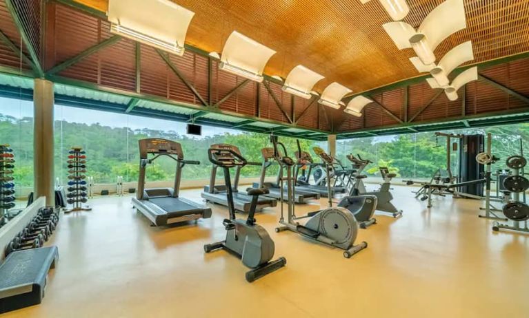 Exercise room with treadmills, ellipticals, space for free weights, with floor to ceiling windows surrounded by view of trees.