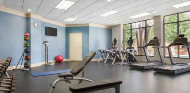 Fitness center with treadmills at the Doubletree by Hilton Houston Medical Center Hotel & Suites.