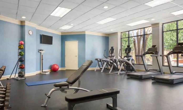 Fitness center with treadmills at the Doubletree by Hilton Houston Medical Center Hotel & Suites.