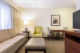 Living room perfect as workspace at the Doubletree by Hilton Houston Medical Center Hotel & Suites.