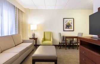 Living room perfect as workspace at the Doubletree by Hilton Houston Medical Center Hotel & Suites.