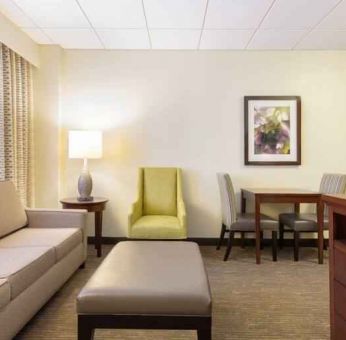 Living room perfect as workspace at the Doubletree by Hilton Houston Medical Center Hotel & Suites.