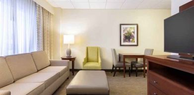 Living room perfect as workspace at the Doubletree by Hilton Houston Medical Center Hotel & Suites.