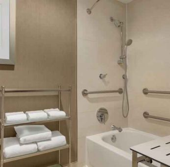 Guest bathroom at the Doubletree by Hilton Houston Medical Center Hotel & Suites.