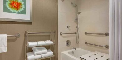 Guest bathroom at the Doubletree by Hilton Houston Medical Center Hotel & Suites.