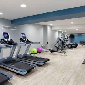 Fitness center with treadmills at the Hilton Edinburgh Carlton.