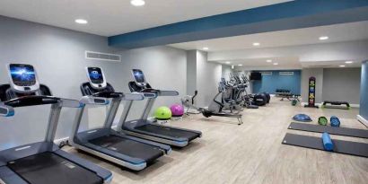 Fitness center with treadmills at the Hilton Edinburgh Carlton.