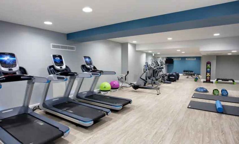 Fitness center with treadmills at the Hilton Edinburgh Carlton.