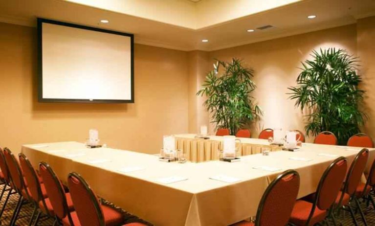 Meeting room with screen and u shape table at the DoubleTree Suites by Hilton Anaheim Resort-Convention Center.