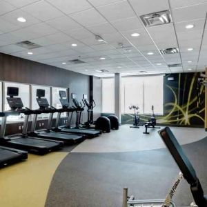 Large fitness room with 3 treadmills, 2 eliptical machines, freeweights, area for stretching and cable machine for resistance training.