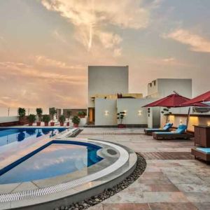 Beautiful rooftop with pool at the Hilton Garden Inn Lucknow.