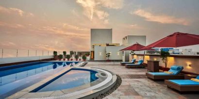 Beautiful rooftop with pool at the Hilton Garden Inn Lucknow.