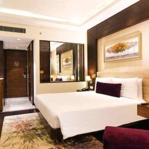 Spacious and comfortable hotel room at the DoubleTree by Hilton Gurugram Baani Square.