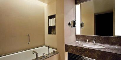 Guest bathroom at the DoubleTree Suites by Hilton Bangalore.