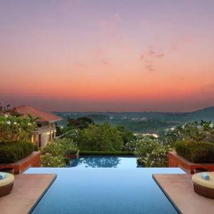 Outdoor pool area at the Hilton Goa Resort.