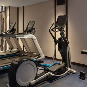 Gym with treadmills at the Hilton Goa Resort.