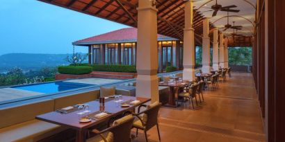 Amazing outdoor terrace perfect as workspace at the Hilton Goa Resort.