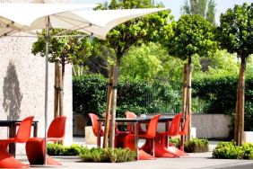 Outdoor patio perfect as workspace at the Hilton Madrid Airport.