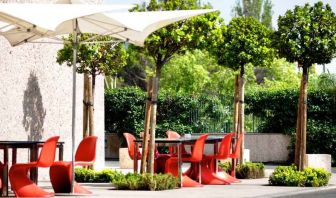 Outdoor patio perfect as workspace at the Hilton Madrid Airport.