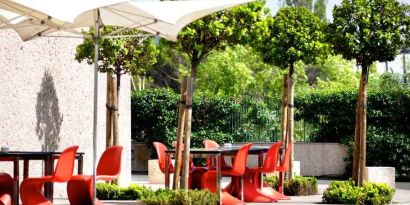 Outdoor patio perfect as workspace at the Hilton Madrid Airport.