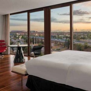 King bedroom with view at the Hilton Madrid Airport.