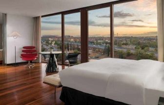 King bedroom with view at the Hilton Madrid Airport.