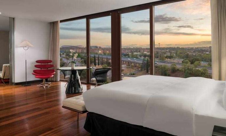 King bedroom with view at the Hilton Madrid Airport.