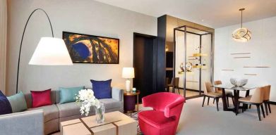 Living room perfect as workspace at the AlRayyan Hotel Doha, Curio Collection by Hilton.