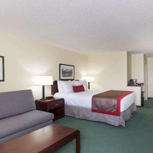 Queen room with sofa at Riviera Plaza And Conference Centre Calgary Airport.