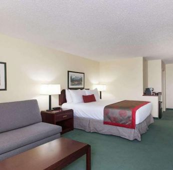 Queen room with sofa at Riviera Plaza And Conference Centre Calgary Airport.