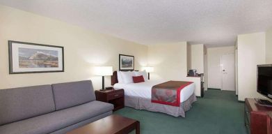 Queen room with sofa at Riviera Plaza And Conference Centre Calgary Airport.