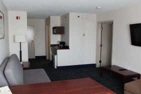 Family room with TV screen and sofa at Riviera Plaza And Conference Centre Calgary Airport.