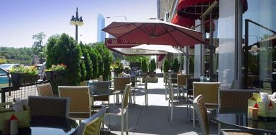 Outdoor patio perfect as workspace at Congress Plaza Hotel.