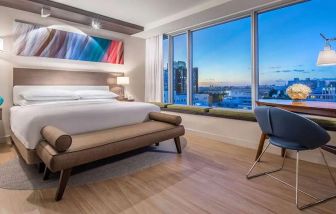 King bedroom with view and workstation at Hyatt Centric Miami South Beach.