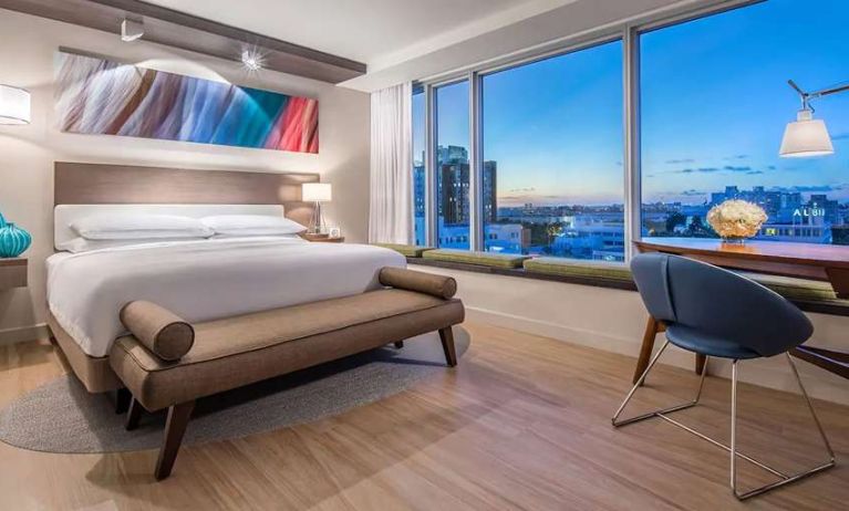 King bedroom with view and workstation at Hyatt Centric Miami South Beach.