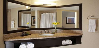 Guest bathroom at Embassy Suites By Hilton LAX Airport North.