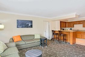 Living room with kitchenette and sofa at Ramada Los Angeles Downtown West.