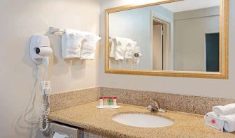 Guest bathroom at Ramada Los Angeles Downtown West.