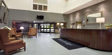 Lobby workspace at Travelodge Ottawa East.