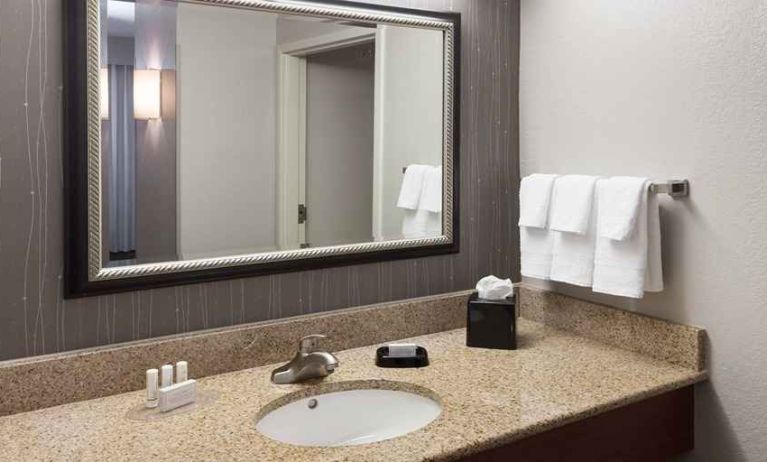 Guest bathroom with shower at Courtyard Miami Dolphin Mall.