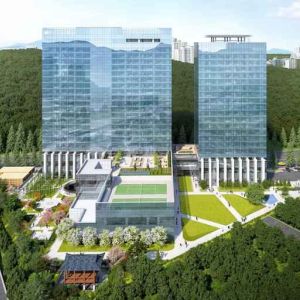 View of the hotel building at the DoubleTree by Hilton Seoul Pangyo.