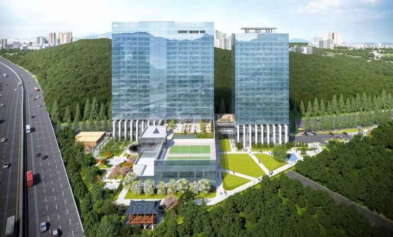 View of the hotel building at the DoubleTree by Hilton Seoul Pangyo.