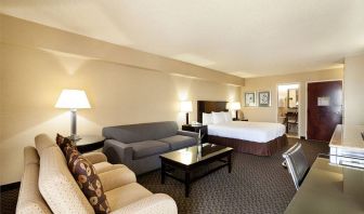 Junior suite of the Radisson Hotel JFK Airport, with bed and pair of sofas, plus small table.