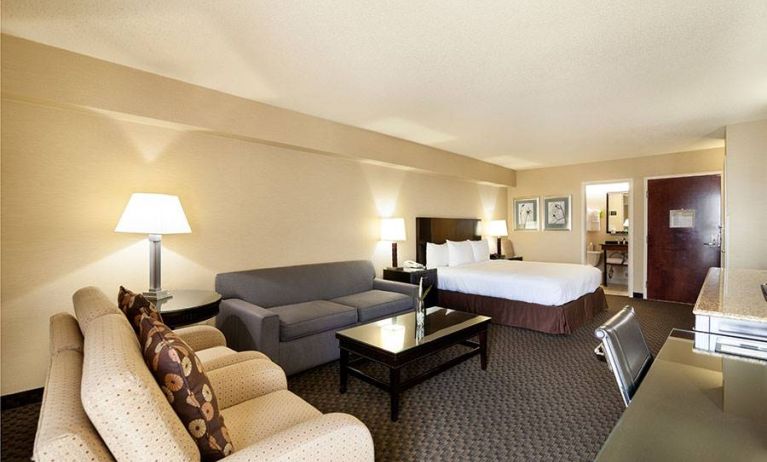 Junior suite of the Radisson Hotel JFK Airport, with bed and pair of sofas, plus small table.