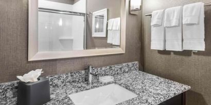 Guest bathroom with shower at Holiday Inn & Suites Silicon Valley - Milpitas.