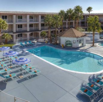 The hotel’s outdoor pool has plenty of loungers and trees nearby when you want a rest and some shade.