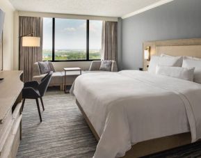 Guest room in the Westin Atlanta Airport Hotel, with large bed and workspace desk and chair.