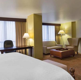 Double bed guest room in the Sheraton Houston Brookhollow Hotel, with sofa and large television.