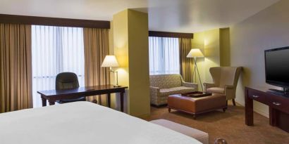 Double bed guest room in the Sheraton Houston Brookhollow Hotel, with sofa and large television.