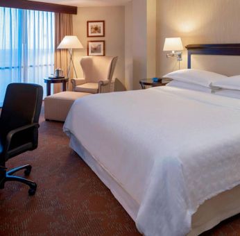 Sheraton Houston Brookhollow Hotel guest room with double bed and a workspace desk and chair.